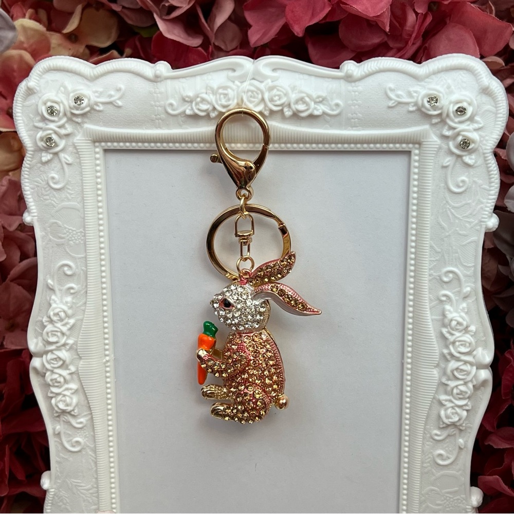 Champagne and Silver Crystal Bunny Rabbit with Carrot Keychain Charm - Picture 10 of 16